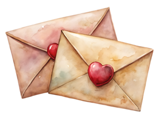 Two vintage envelopes with red heart wax seals isolated on transparent background