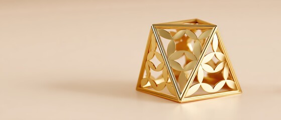 Elegant gold geometric pyramid with intricate cutout patterns on a neutral background for modern design and decorative accents
