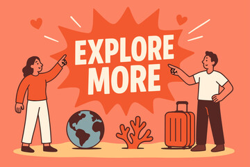 Adventure Awaits Banner. Explore more banner, flat vector illustration, bold oversized text inside splash explosion, cartoon characters standing and pointing,