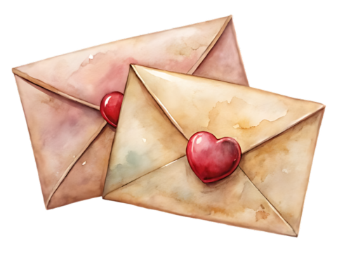 Two vintage envelopes with red heart wax seals isolated on transparent background