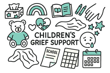 Children's Grief Icons. // Children?s grief support. Hand-drawn doodle illustration Children?s grief support [stuffed bear (accented), crayons (accented),
