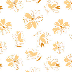 botanical floral seamless pattern with flowers and plants sketch drawing. Abstract handmade flowers. Contours and strokes. Designer wallpaper, cover, textiles