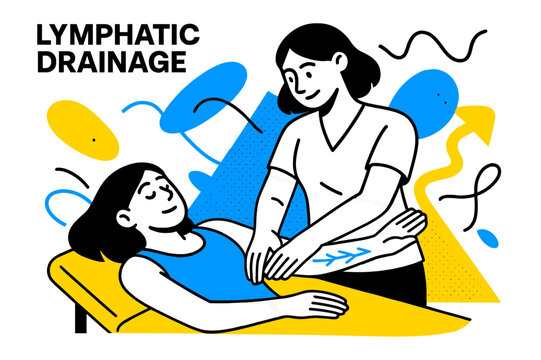 Lymphatic Drainage Techniques. Lymphatic Drainage. Therapist demonstrating lymphatic massage techniques on arms with floating abstract geometric flow shapes,