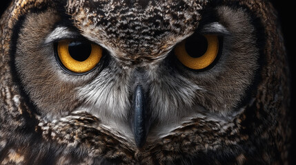 Fototapeta premium Yellow eyes of horned owl close up looking straight at camera with its head slightly tilted.