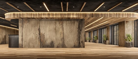Modern interior design of spacious lobby with concrete wall wooden ceiling and planters in natural lighting