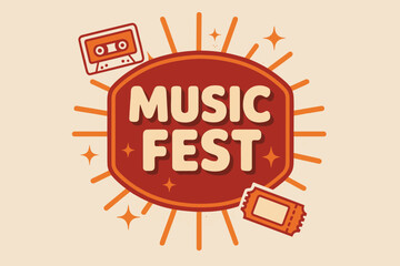 Retro Music Fest Poster. Music Fest ? Retro Poster; lettering: bold rounded fonts; composition: centered badge; effects: halftone dots, simple drop shadow;