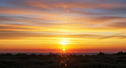 Obraz premium Vibrant Sunset Over a Serene Landscape with Silhouetted Horizon.