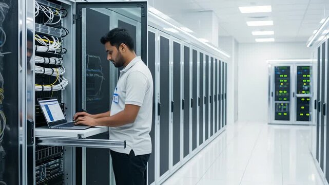 A Professional IT Technician Engaged in Operational Activities at a Data Center