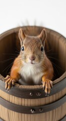 squirrel in a wooden barrel, peeking out, on a solid white background