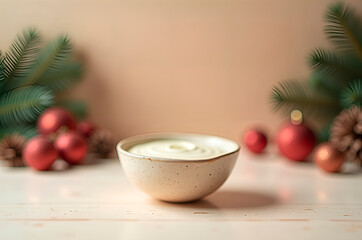 Festive Creamy Dessert in Ceramic Bowl with Holiday Decorations