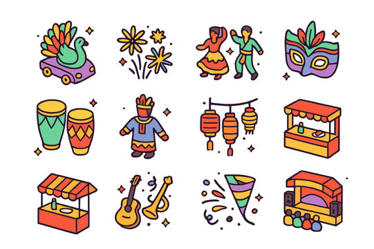 Global Festival Icons. Global festivals. Colorful isometric vector icons set of global festivals: parade float, fireworks, traditional dance, festival mask,