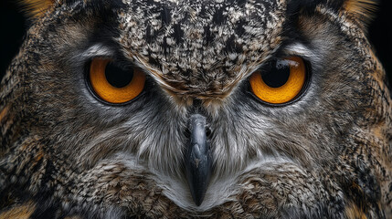 Yellow eyes of horned owl close up looking straight at camera with its head slightly tilted.