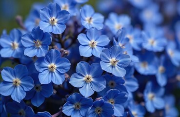 Obraz premium Many vibrant blue Borage flowers bloom in cluster. Delicate blossoms with white centers open. Herbal plant grows in garden outdoors, showing natural beauty of nature. Edible herb with small petals.