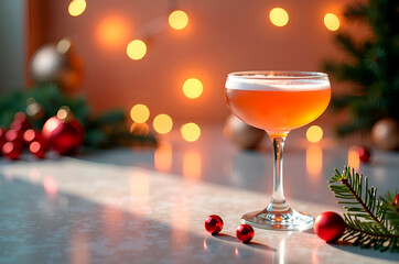 Festive Holiday Cocktail in Coupe Glass with Christmas Decoratio