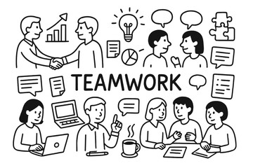 Teamwork Doodle Icons. Teamwork. Hand-drawn doodle illustration Teamwork people shaking hands, group discussion, brainstorming, laptop, notebook, pen, charts,