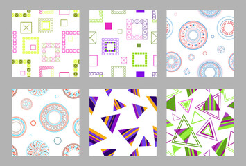 Seamless pattern of geometric shapes. Bright seamless pattern. Set of 6 patterns. Design for fabric, wallpaper, wrapping paper
