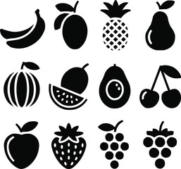 Fruit and Food Glyph Icons  Tropical and Fresh Produce Silhouette Vector Set