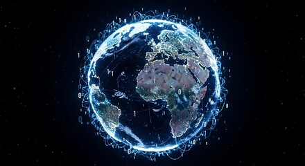 A stunning digital rendering of earth surrounded by data streams, representing global connectivity, information exchange, and the digital age