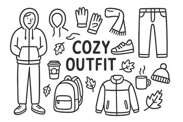 Cozy Autumn Ensemble. Cozy Outfit. Hand-drawn doodle illustration Cozy Outfit hoodie, hood, zipper, pocket, person wearing hoodie, gloves, scarf, sneakers,