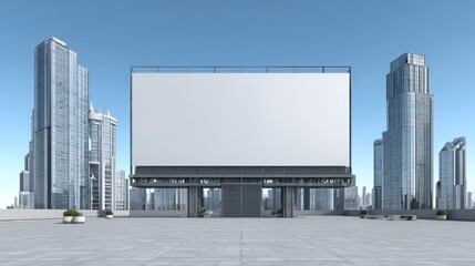 Large blank billboard structure on cityscape background with tall modern skyscrapers and clear blue sky, commercial outdoor advertising display