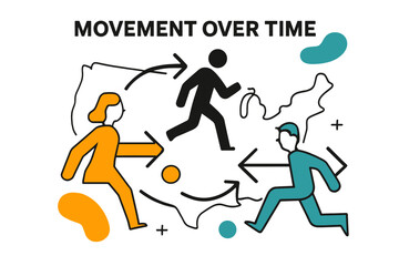 Migration Flow Map. Displacement of People. A minimalist map silhouette with arrows showing migration flow; ?Movement Over Time? floats above connected dots.