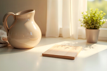 Still Life with Ceramic Pitcher, Wooden Cutting Board, and Potte
