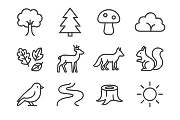 Fototapeta premium Woodland Flora Icons. Woodland flora. Line icon set of woodland flora: oak tree, pine tree, mushroom, bush, fallen leaves, deer, fox, squirrel, bird, river,