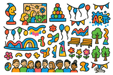 Vibrant Public Art Display. unconventional public art installations. Colorful Hand-drawn doodle Children illustration unconventional public art installations