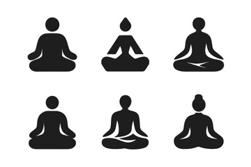 Meditation Icon Grid. Mental Health Days. Set Logo of Meditation Icon: Filled silhouette, Abstract geometric, Negative space, Flat solid, Stylized detail,