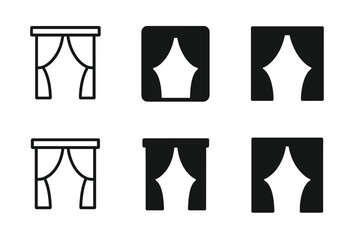 Fototapeta premium Window Curtain Logos. Closing the Curtains or Blinds. Set Logo of Window with Curtains: Minimal outline, Filled silhouette, Abstract geometric, Negative space,