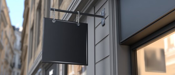 Modern empty blackboard sign hanging outside storefront on building wall in urban city street with blurred shops and sunlight in background