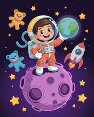 A cheerful child astronaut holds the Earth while standing on a purple moon, surrounded by stars and colorful teddy bears.