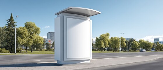 Modern white billboard kiosk with curved roof located outdoors on city street du daytime with trees and buildings in background