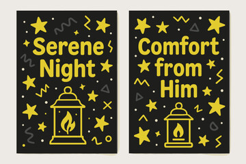 Fototapeta premium Neon Serenity Banners. Night of Serenity. Two vertical A6 banners with safe margins, centered composition, no elements touching edges, memphis, charcoal and