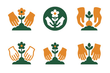 Gardener Logo Variations. Gardeners planting flowers and shrubs. Set Logo of Gardeners planting flowers and shrubs: gloved hands planting a flower bulb. Icon