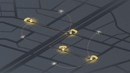 Futuristic navigation route with time indicators and glowing location pins on digital city map. Vector illustration