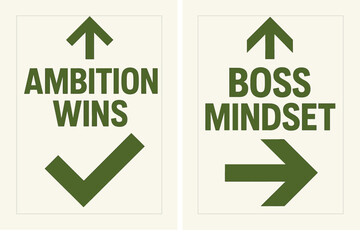 Ambition and Mindset Banners. Ambition wins. Two vertical A6 banners with safe margins, centered composition, no elements touching edges, geometric, olive
