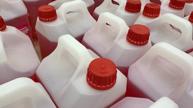 Red capped plastic jugs arranged in rows, ideal for industrial or storage background