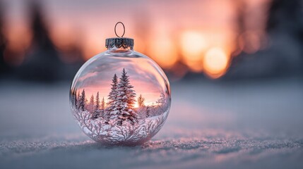 Christmas ornament reflecting a winter forest at sunset