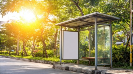 Modern bus shelter with glass walls and metal roof situated on a sidewalk surrounded by lush green trees du sunny daytime
