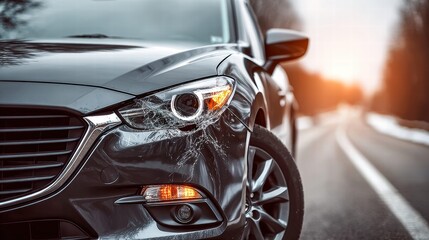 Car with broken headlight on the side of the road after an accident.