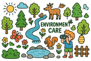 Fototapeta premium Nature and Wildlife Harmony. environment care. Colorful Hand-drawn doodle Children illustration environment care forest, river, trees, birds, deer, flowers,
