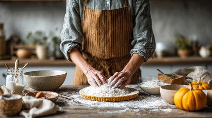 Woman preparing a pie in a rustic kitchen setting with fresh ingredients.