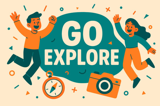 Go Explore Banner. Go explore banner, flat vector illustration, bold oversized text inside rounded blob, cartoon characters jumping and waving, compass and
