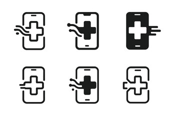 Obraz premium Telemedicine Logo Variations. Telemedicine app interface. Set Logo of Telemedicine app interface: a phone and cross connected by digital waves. harmonious logo