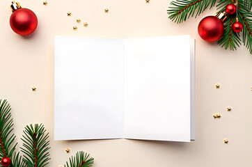Blank Greeting Card Mockup Surrounded by Festive Christmas Decor
