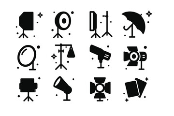 Fashion Lighting Icons. Studio Lighting for Fashion. Solid icons set of Studio Lighting for Fashion: softbox, beauty dish, strip light, umbrella, reflector,