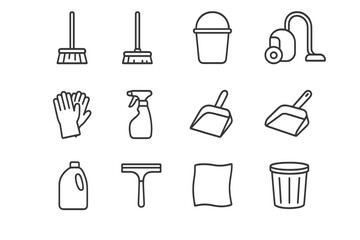 Janitorial Tools Icons. Janitorial tools. Line icon set of janitorial tools: broom, mop, bucket, vacuum cleaner, gloves, spray bottle, dustpan, scrub brush,