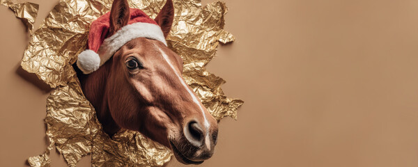 Adorable Horse in Santa Hat Breaking Through Gold Foil for Festive Christmas Portrait