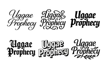 Diverse Lettering Styles. Uggae Prophecy. Set lettering. harmonious lettering variations of the same emblematic concept, each with different artistic